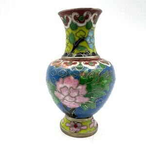 Vtg Miniature Cloisonné Enamel Brass Bud Vase Blue Pink Green 3" Floral Lotus